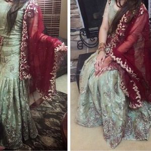 Green/Burgundy 3 Piece Lenga Choli
